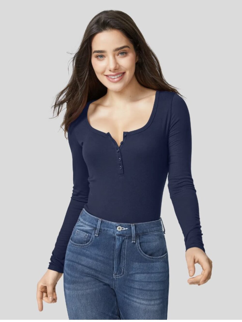 Halara Ribbed Henley Neck Long Sleeve Slim Casual T-Shirt - Nightfall Blue